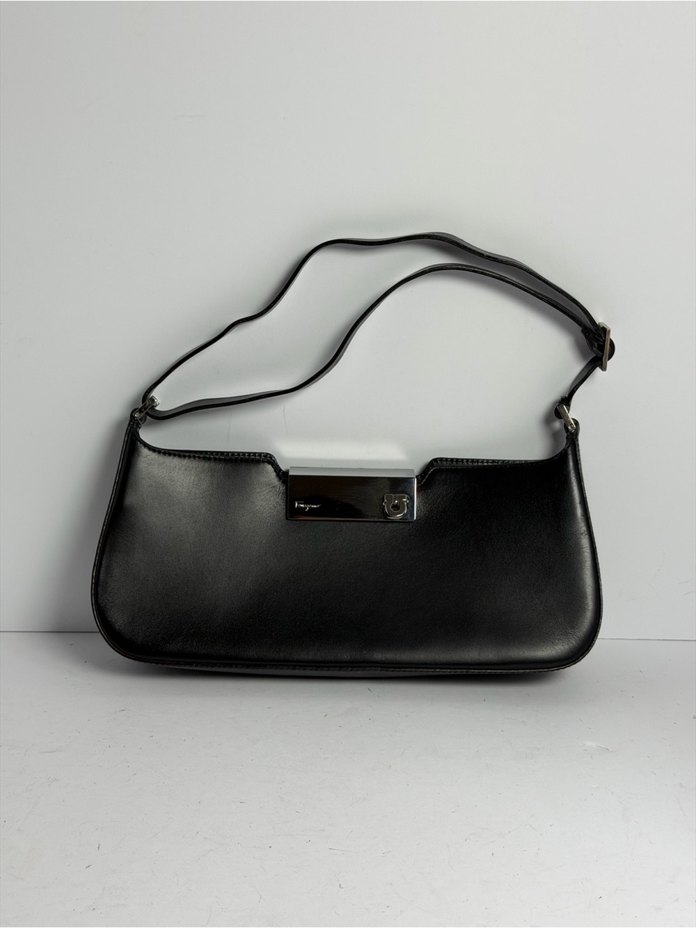Salvatore Ferragamo Black Leather Shoulder Bag with Silver Hardware